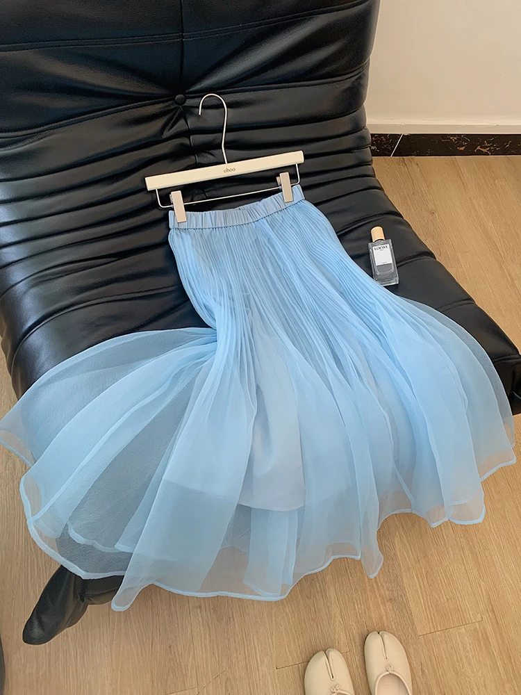 2025新款夏季大摆半身裙雾霾蓝多巴胺仙气飘飘小个子中长款女裙子