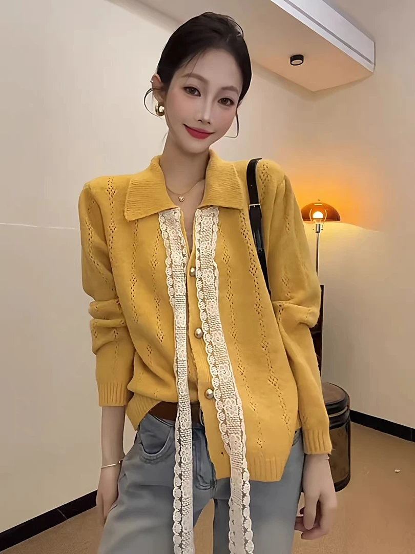 温柔风蕾丝系带毛衣外套女2025新款早秋时尚洋气镂空针织开衫上衣