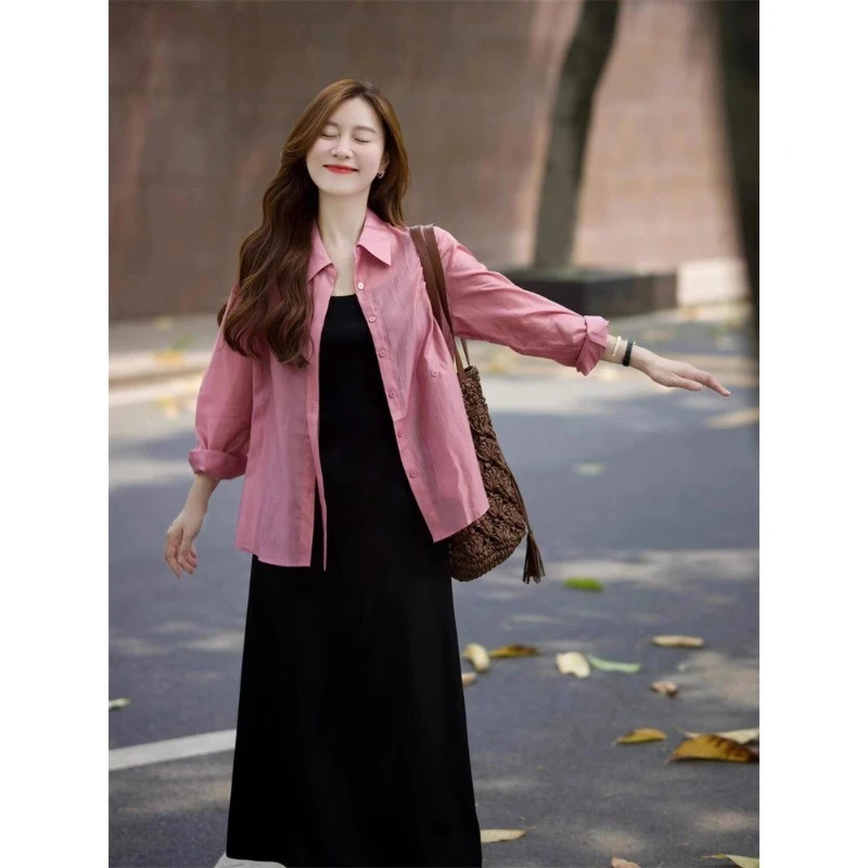 春夏季搭配一整套大码胖防晒衬衫背带连衣裙子时尚减龄两件套装