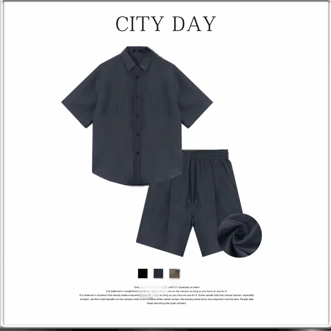 静奢天丝亚麻套装凉感老钱休闲套装男时尚潮流简约高级感休闲套装