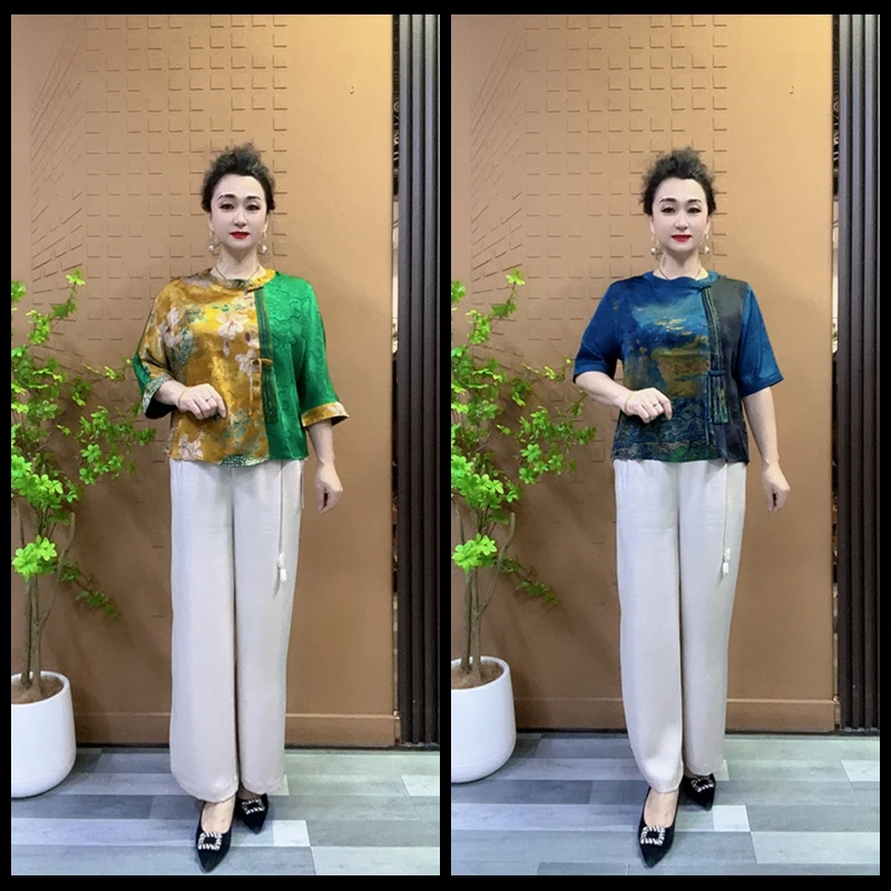 纽扣国风宽松型气质中老年女装夏季中式显瘦夏装上衣裤子时尚