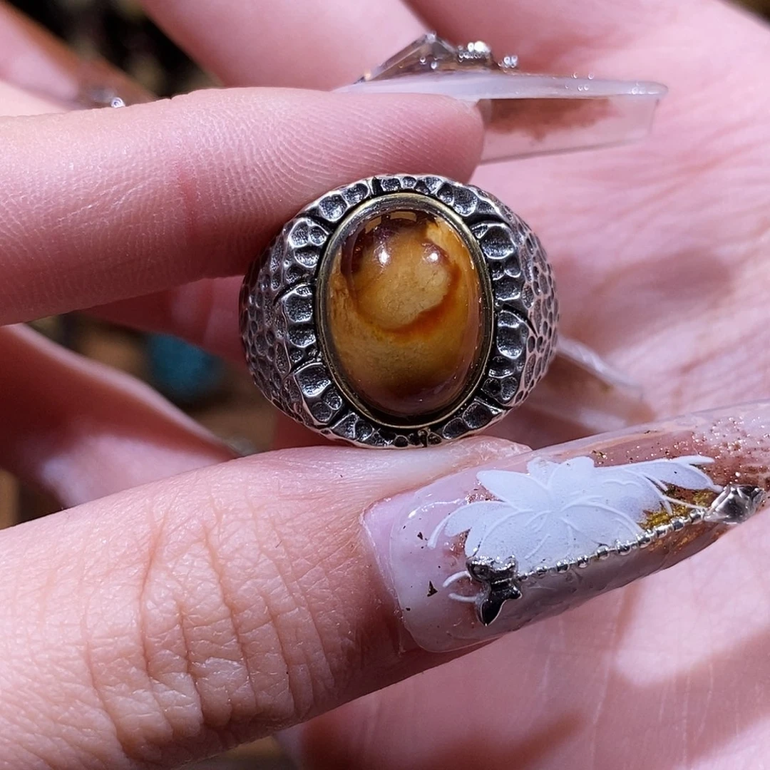 琥珀戒指银S925镶嵌岚*耶戒指