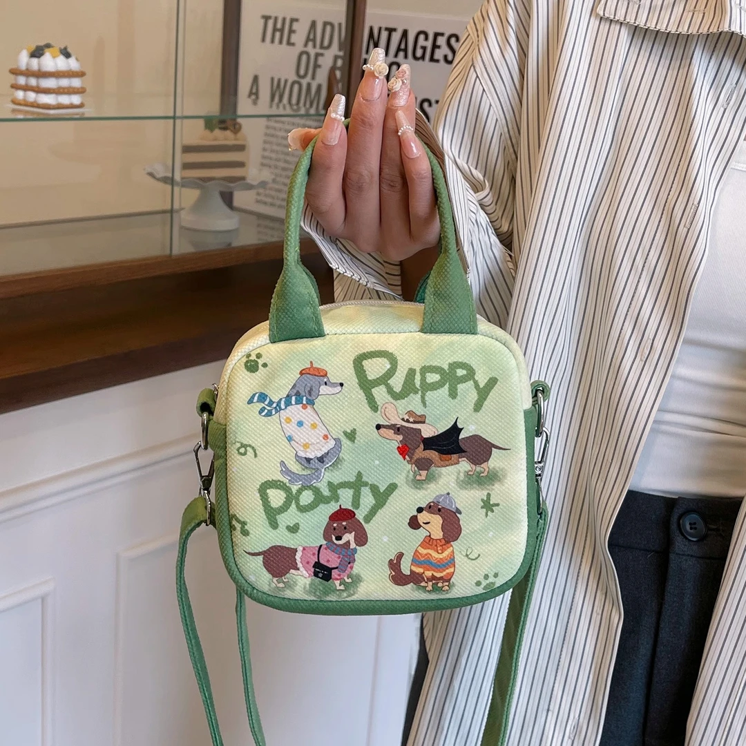 原创小狗派对新款手提包绿色可爱百搭小众设计感帆布单肩斜挎包