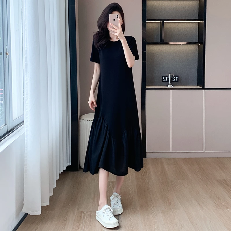 高级感宽松显瘦不规则拼接过膝T恤裙女2025夏新时尚设计感连衣裙