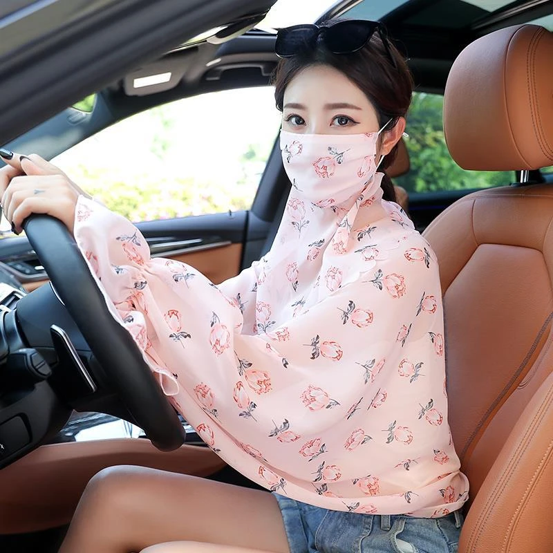 防晒披肩女冰丝披肩防紫外线披肩面纱套装夏季韩版开车骑车斗篷女