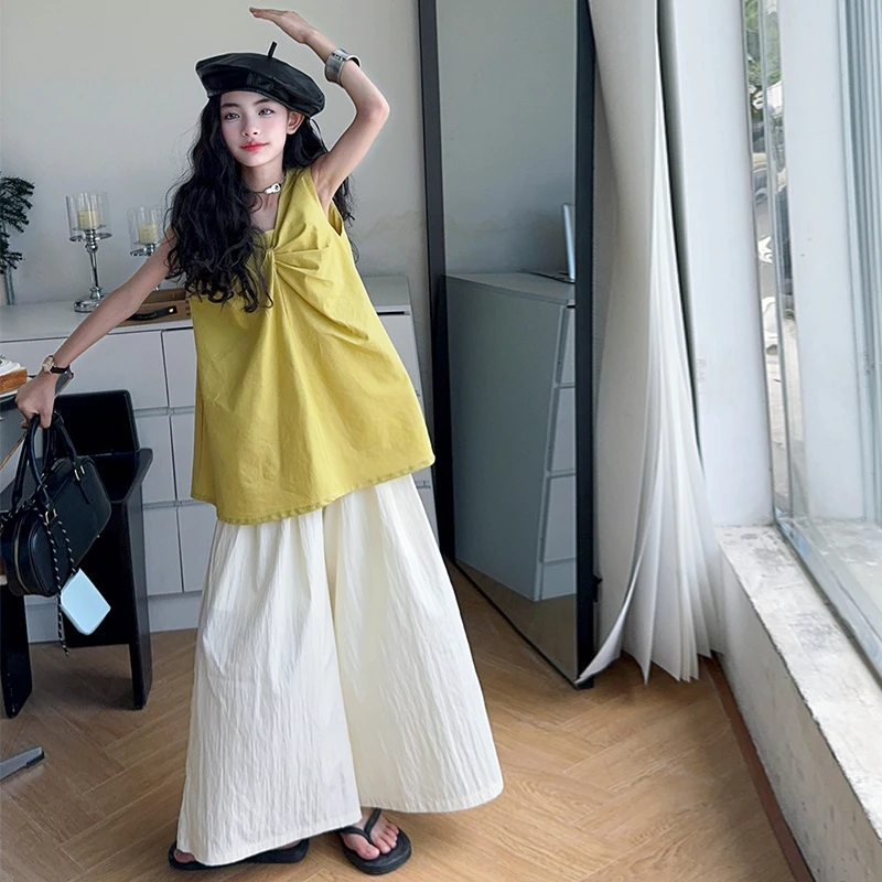 女童套装清冷感时尚夏装设计上衣百搭宽松阔腿裤两件套2025夏