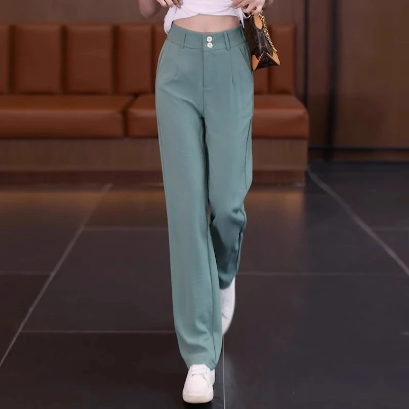 绿色冰丝直筒裤女夏薄款2025新款高腰垂感休闲裤高级感窄版阔腿裤