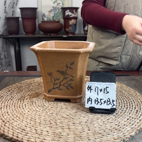 紫砂花盆柴烧单线花鸟手绘切角四方157