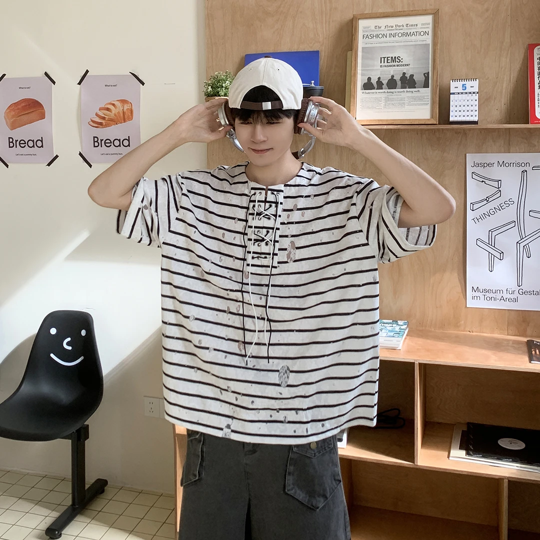 白口阳【狩猎禁区】破洞轻薄短袖t恤男同款韩系设计感条纹上衣TT623