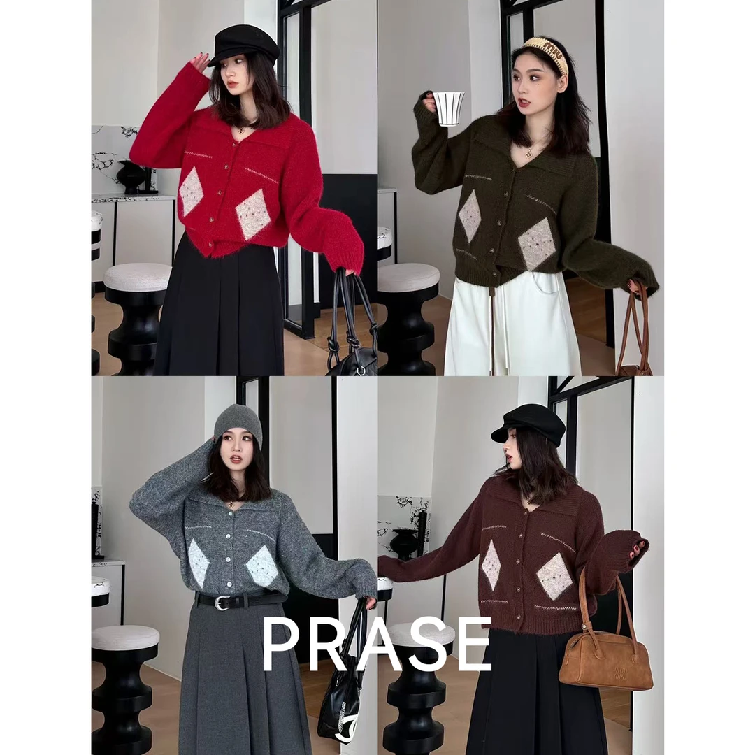 PRASE·噜【菱格学院】绵羊毛秋冬保暖气质翻领针织开衫毛衣PR510C36