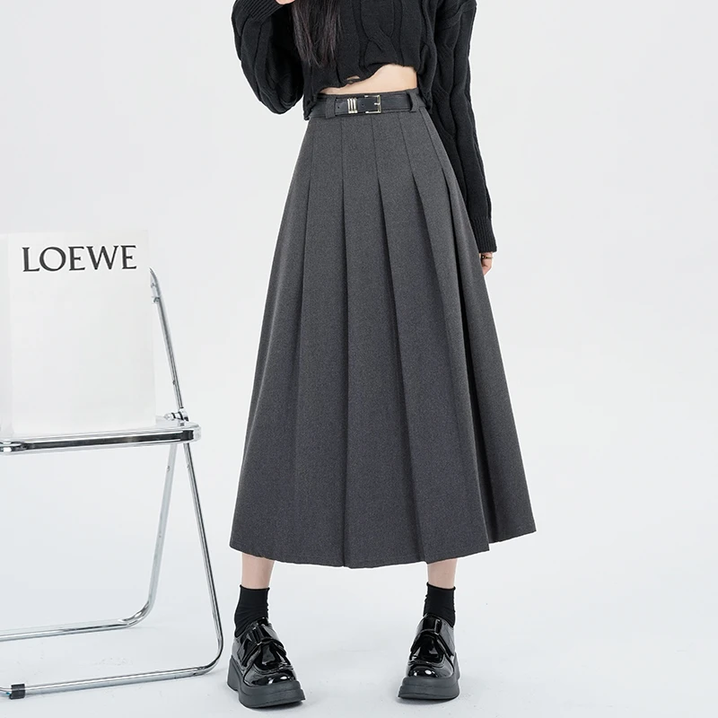 高腰显瘦毛呢半身裙女秋季设计感有腰带百褶裙高腰A字伞裙大摆裙