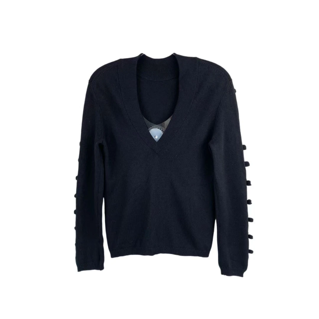 99新 Chanel/香奈儿  yy1014 羊绒 黑色蝴蝶结V领毛衣 36码