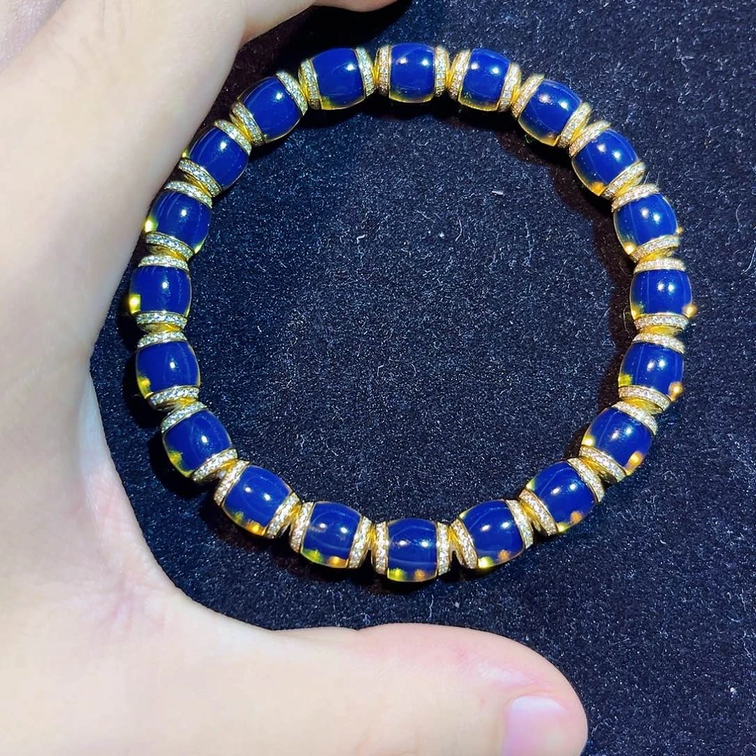 蓝珀银S925镀金镶嵌珠宝奇石8mm