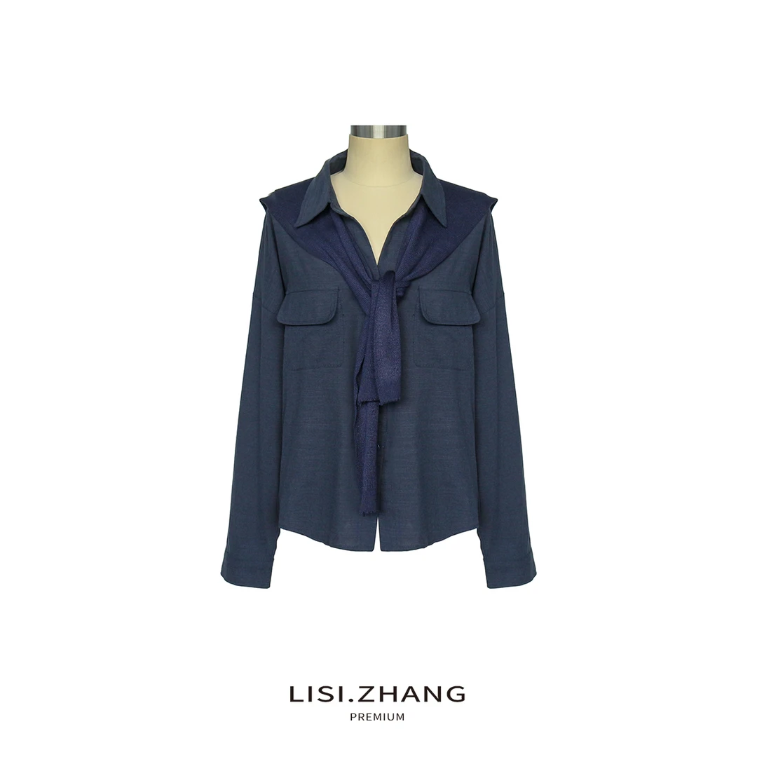 LISI.ZHANG--【披肩衬衫】针织拼接系带口袋衬衫棉质地宽松衬衣