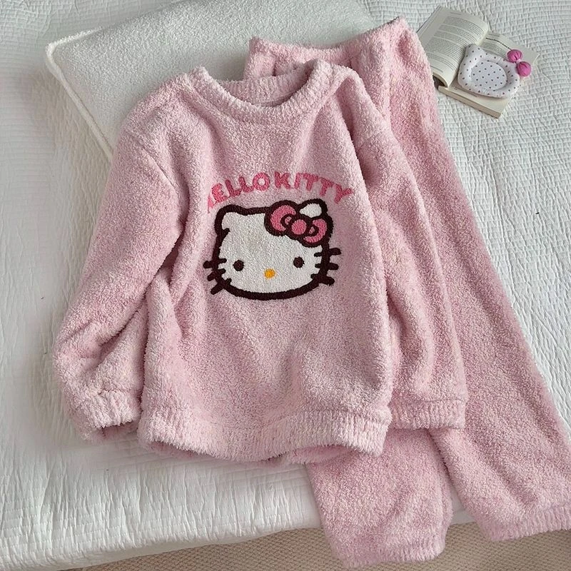 芯语婷秋冬新款粉色Kitty半边绒睡衣甜美女士御寒保暖套装可外穿