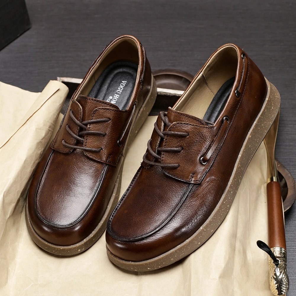 牛皮男鞋2025春夏平底复古鞋子休闲透气商务鞋潮时尚系带青年皮鞋