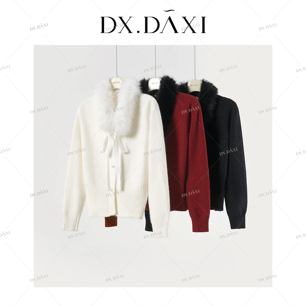 DX.DAXI【暮光烤雪】新款毛毛领轻奢气质针织毛衫时尚毛衣女