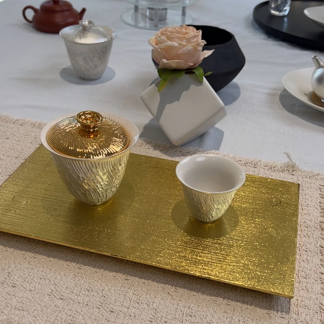 88折预售 金箔小茶盘+鎏金盖碗+鎏银主人杯（送花器