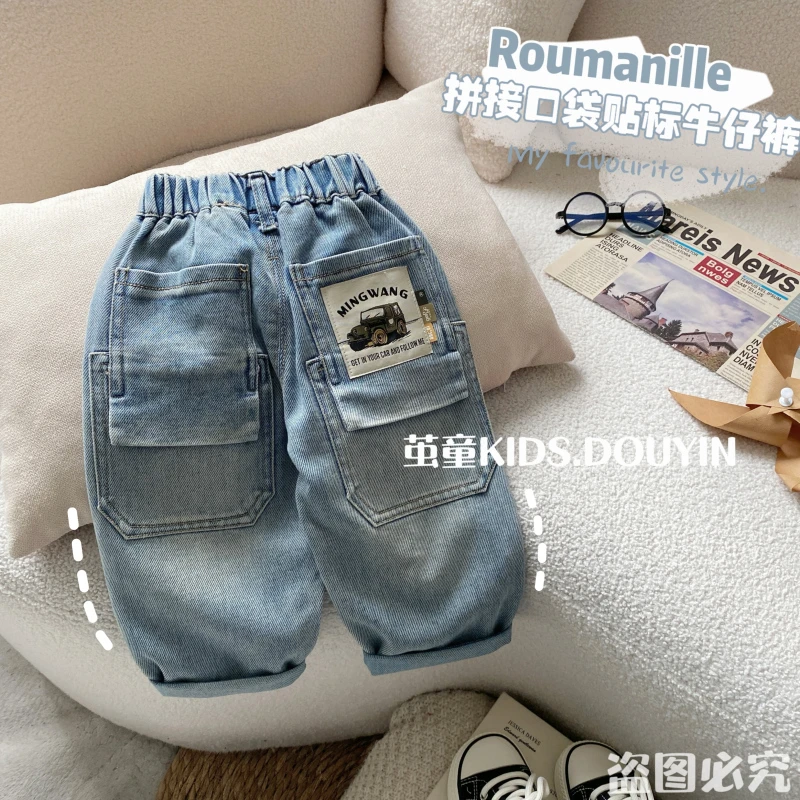 【麦麦妈】C003春秋小童拼接口袋贴标牛仔裤春季新品男女宝休闲潮