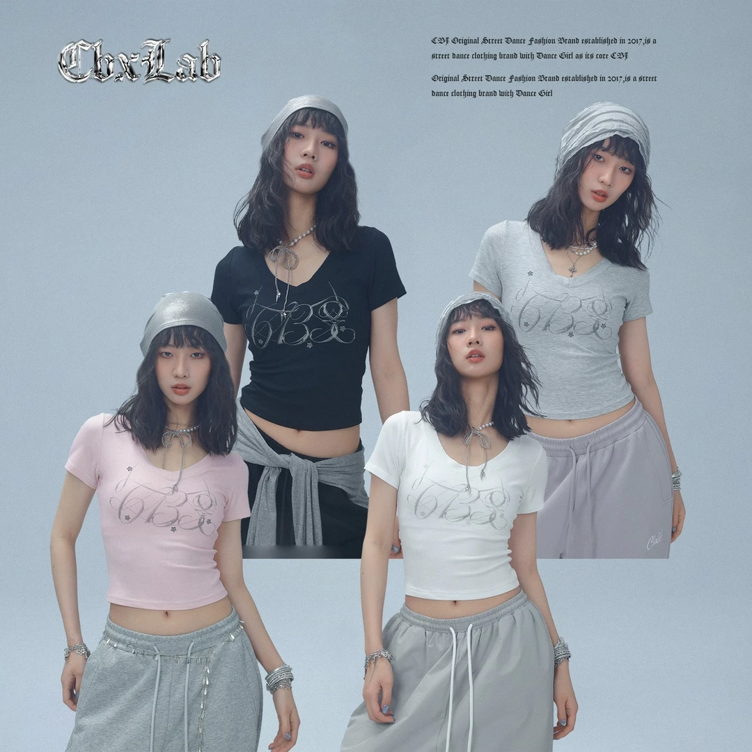 【达人专属】CBXLAB街舞潮牌闪钻线条基础上衣辣妹夏季修身百搭