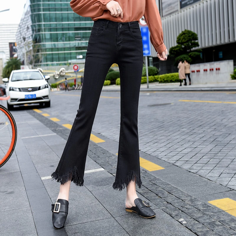 微喇牛仔裤女士秋季新款高腰显瘦小个子九蓝小个子黑色直筒牛仔裤