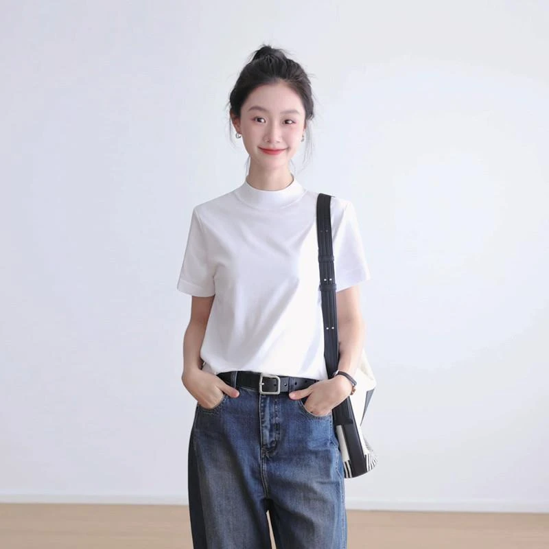 极简设计感纯棉T恤女短袖半高中领后缝线外穿宽松立领半袖打底衫