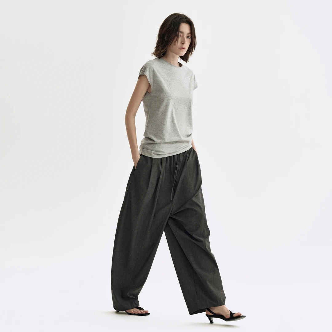 白弓BAIGONG/2025新款超细精仿羊毛垂顺抽绳直筒裤36678X