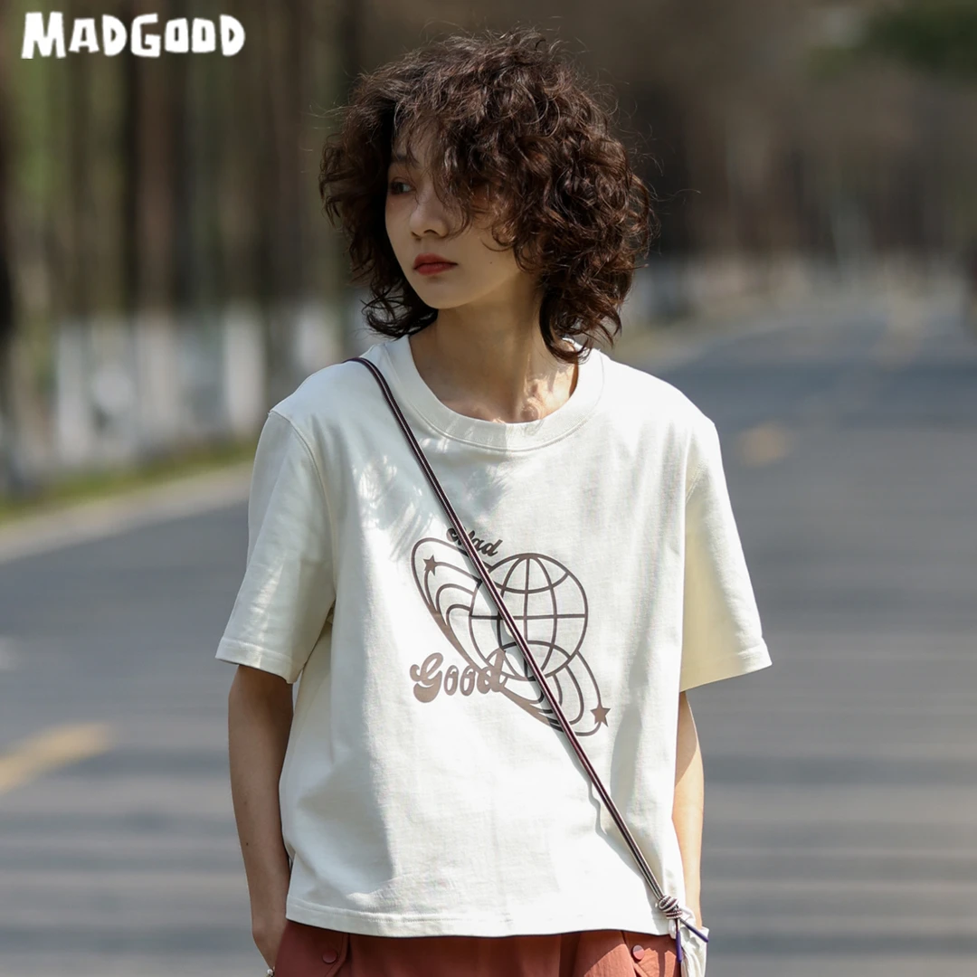 马得工地madgood日系百搭弹力短款印花宽松短袖T恤上衣MDGDDX426