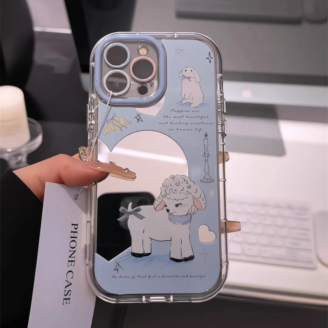 爱心小羊镜面奶油壳适用苹果16手机壳新款华为vivo个性小米15OPPO