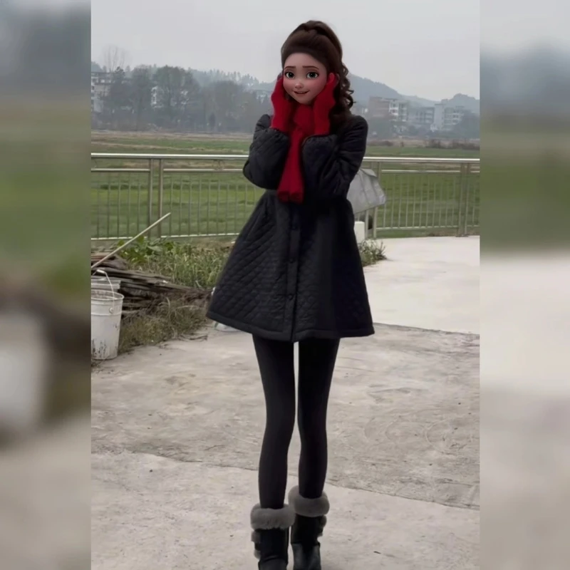 潮流时尚高级感大衣冬季新款女气质夹棉蓬蓬菱格黑色加厚保暖外套