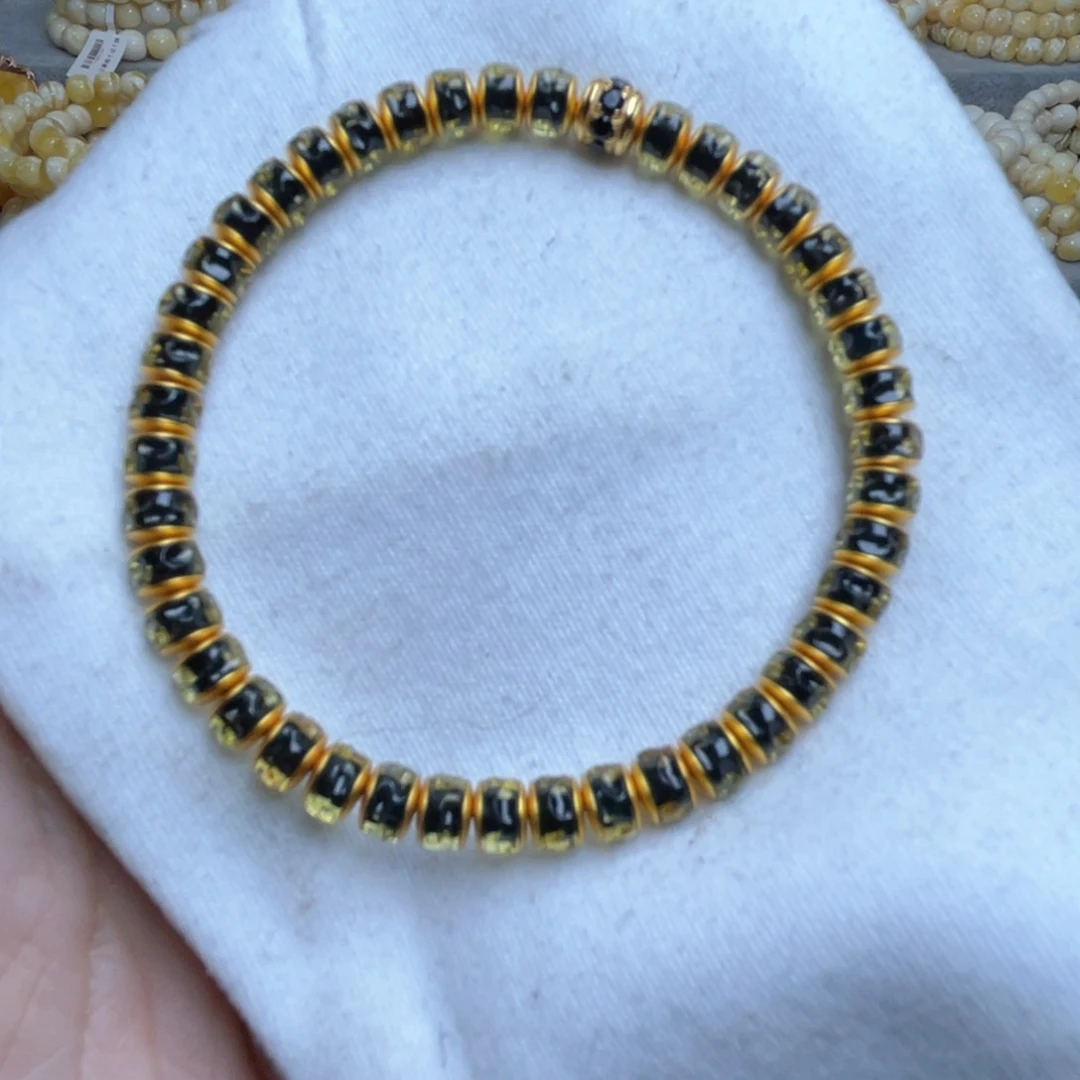 蓝珀裸石银S925镀金镶嵌L****T6m蓝珀手串