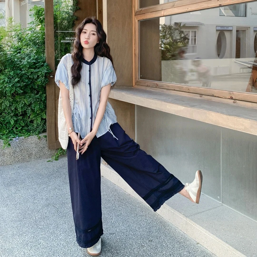 大方得体穿搭一整套夏季套装拼接小衫洋气蕾丝拼接阔腿裤两件套
