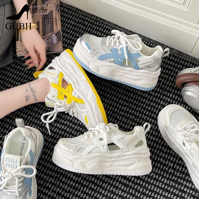 厚底小白鞋女2025新款夏季透气网面增高休闲 板鞋百搭运动面 面包