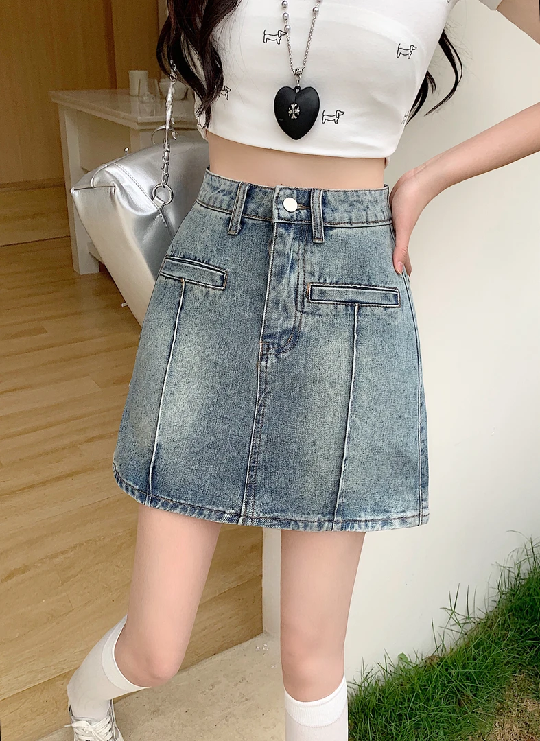 清长大码女2025夏装新款美式复古牛仔短裙高腰显瘦辣妹a字裙66128