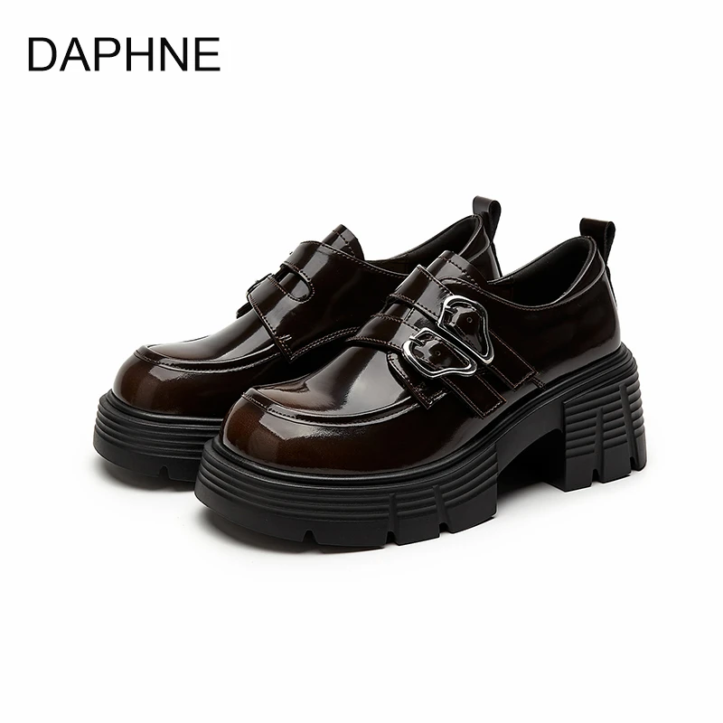 达芙妮真皮乐福鞋女2025春季新款皮鞋厚底皮带扣复古圆头增高鞋女