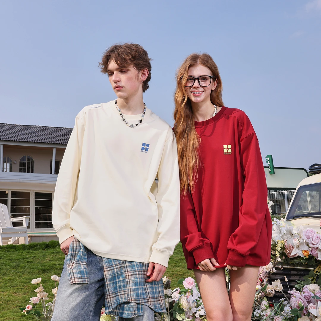 MANYSTON 美式高街长袖T恤男款春秋季小众设计感休闲百搭情侣上衣