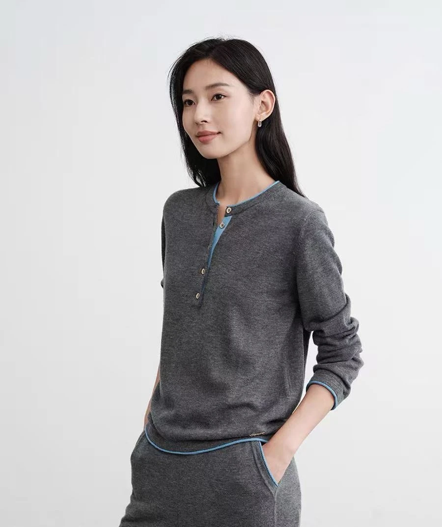 知性风半开领软糯细腻羊毛羊绒混纺灰色针织衫D
