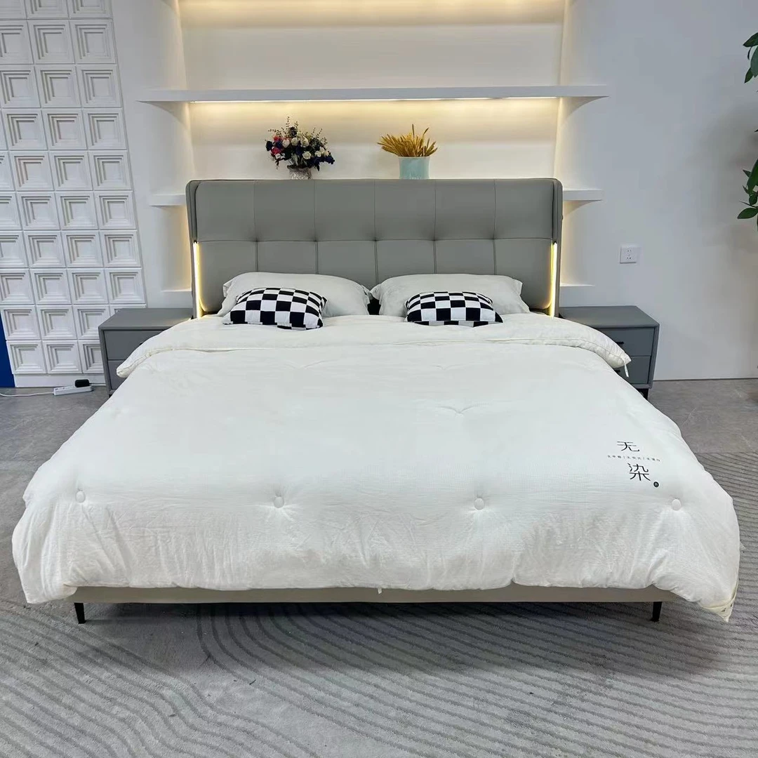 【刘哥甄选】067-简约头层真皮主卧轻奢床新款皮艺床框架