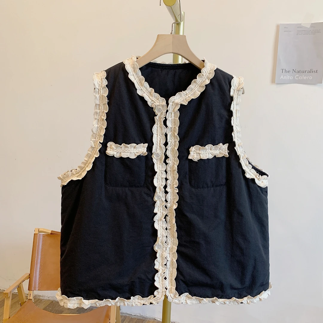 夹棉香风马甲Y4085夹棉蕾丝边圆领棉马甲