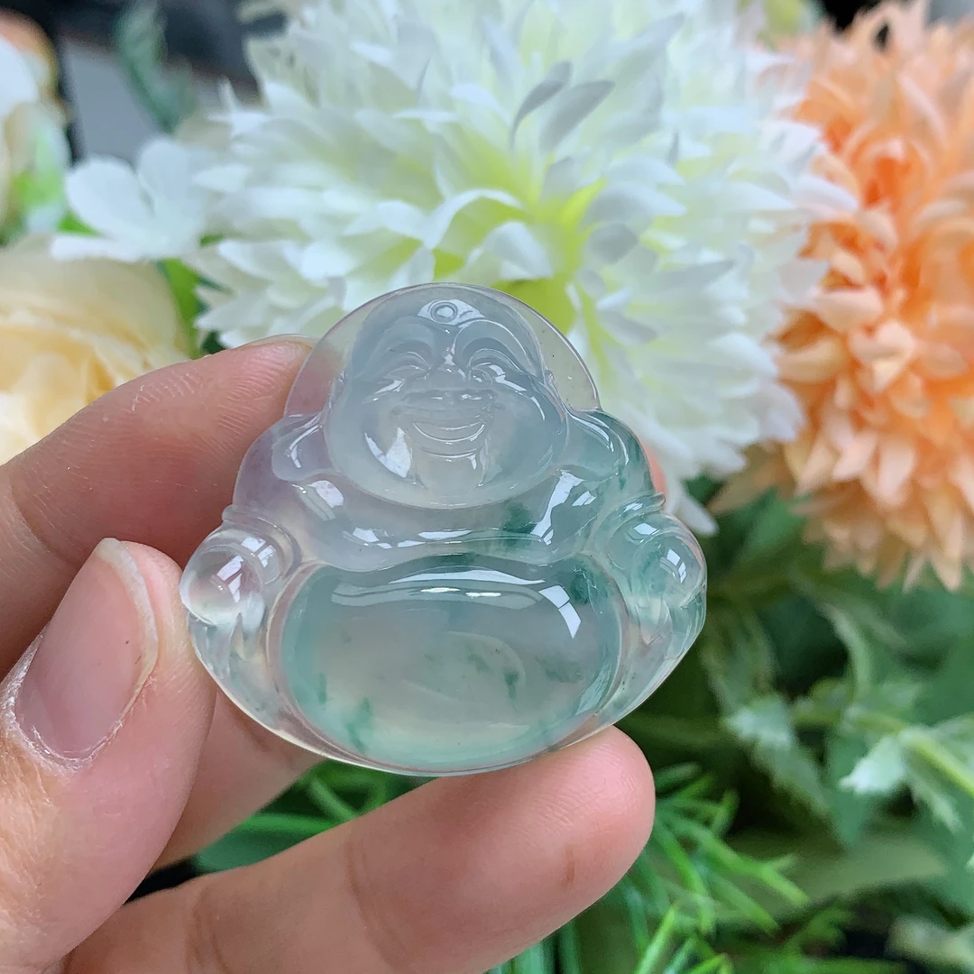 缅甸天然翡翠a货玉石高冰起胶飘花佛公吊坠尺寸34.8/37.3/7.8mm李