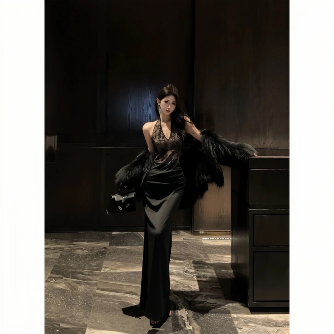 夏季新款挂脖领挂脖连衣裙礼服气质夏季无袖显瘦长款法式长裙