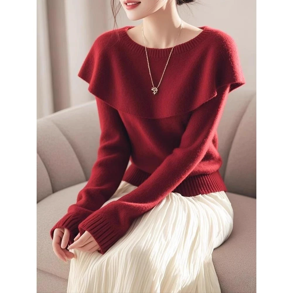 安可拉红色高级感软糯毛衣女2025秋冬新款氛围感新年红针织上衣潮