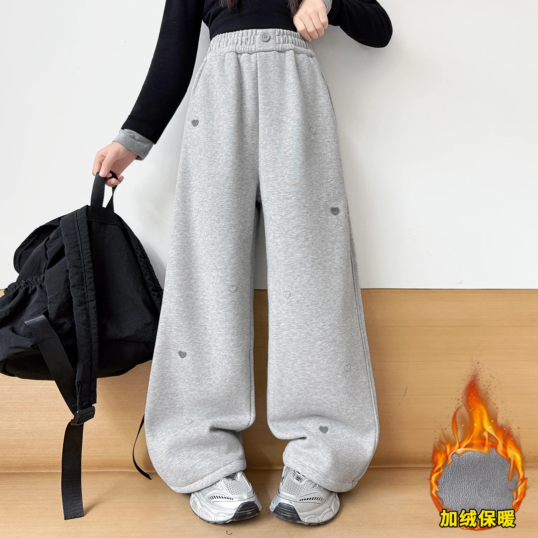 女童加绒裤子秋冬2025新款直筒卫裤儿童冬运动裤初中生大童阔腿裤