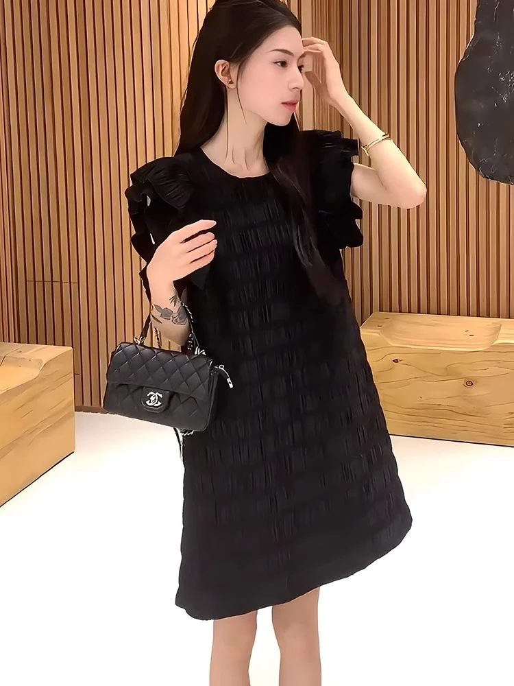 法式甜美减龄黑色飞时尚连衣裙女2025夏季高级感气质宽松显瘦短裙