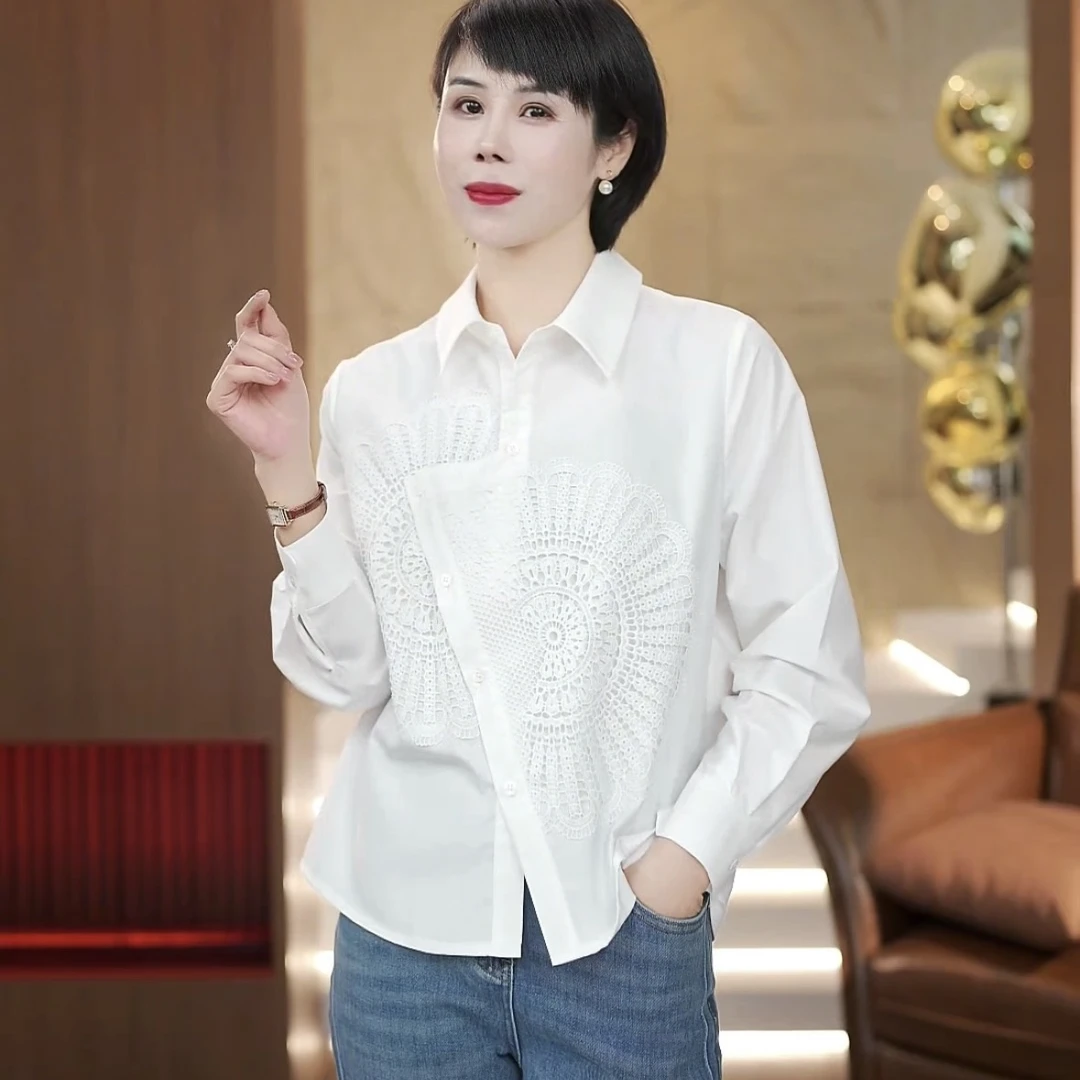 【渲渲推荐】M-25001春季气质不规则纽扣花边衬衣