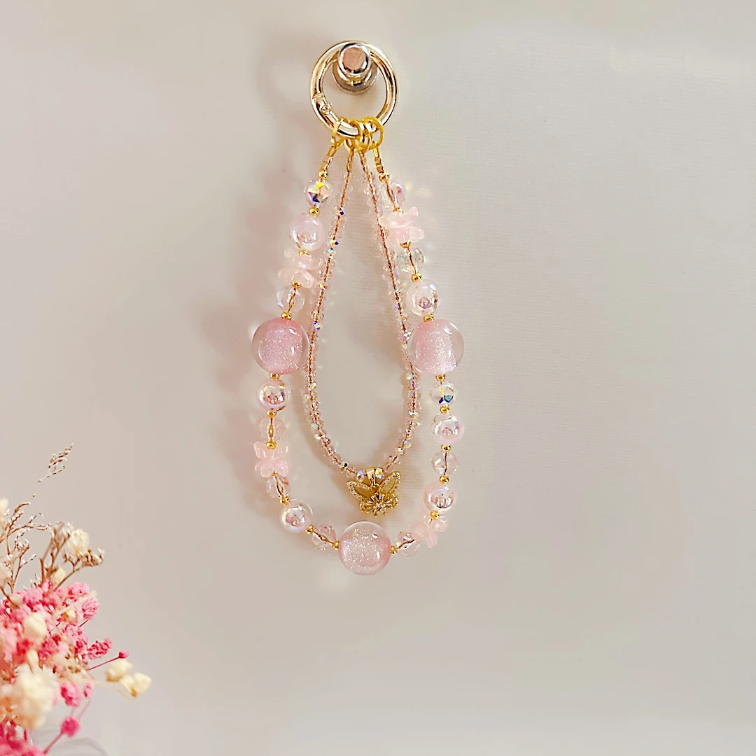 274转桃花双链手机链女款手工短款防丢创意