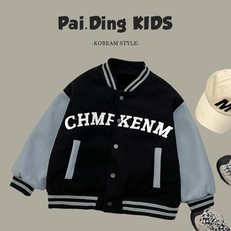 qc阿卷冬儿童韩版潮流字母贴布拼色设计保暖夹棉棒球服外套SJ4642
