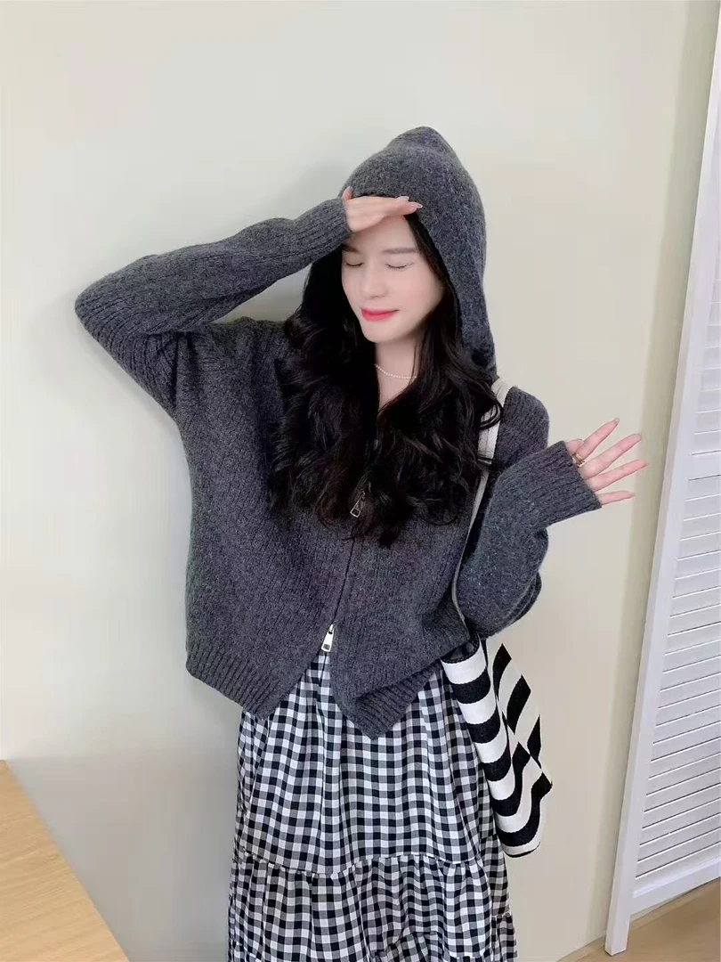超好看奶呼呼软糯双拉链连帽毛衣女秋冬加厚宽松慵懒风针织衫外套