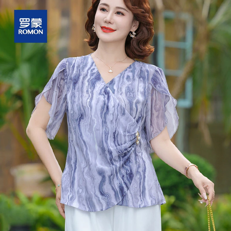 罗蒙妈妈夏装套装洋气减龄雪纺小衫2025新款中老年短袖衬衫上衣女