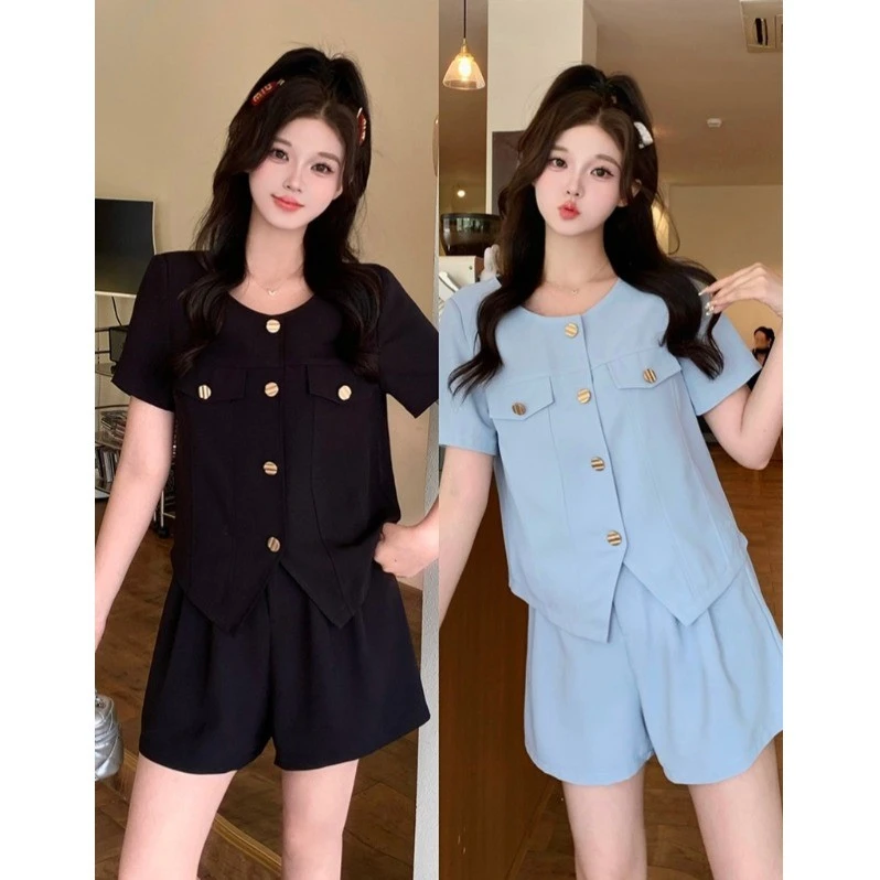 高级感小香风上衣短裤两件套女夏季大码胖新款时髦显瘦洋气套装